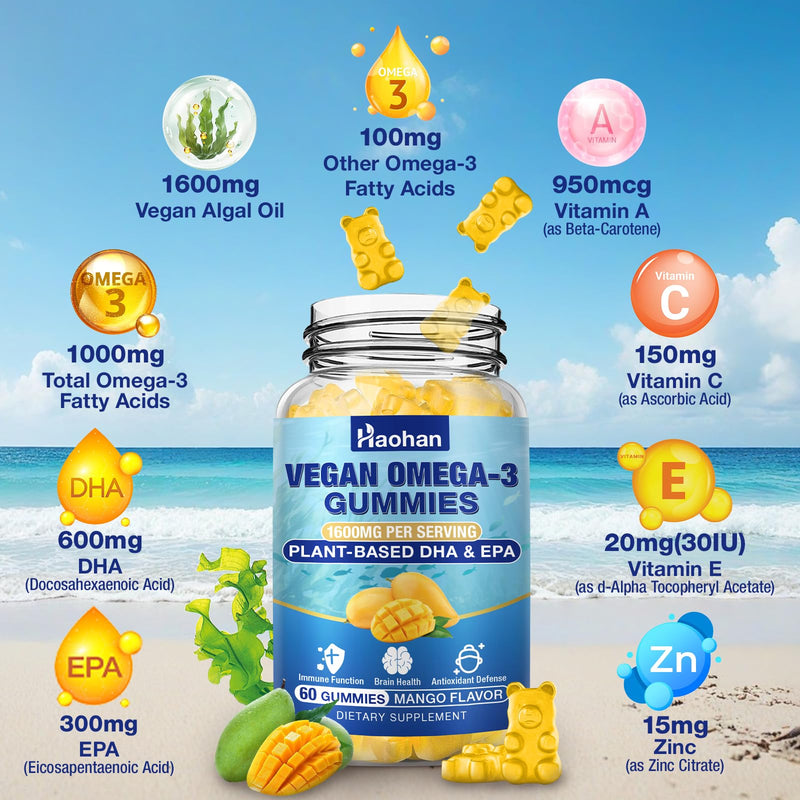 Omega-3 Gummies for Adults, Orange Flavor – Sugar-Free, Algae-Derived DHA 600mg & EPA 300mg, with Vitamins A, C, E, Zinc, 120 Gummies