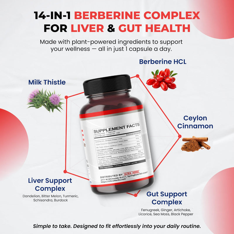 Premium Berberine with Cinnamon, Milk Thistle *USA Made & Test* Promotes Liver Function, Gut Health, Immunity (150 Count (Pack of 1)) 5-Month Supply (Pack of 1)