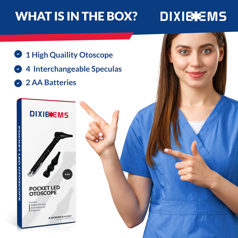 Dixie Ems Basic Medical Pocket Size Otoscope with LED Light, Clip and 4 Specula Sizes for Students, EMTs, Nurses, Doctors, and Vets - BeesActive Australia