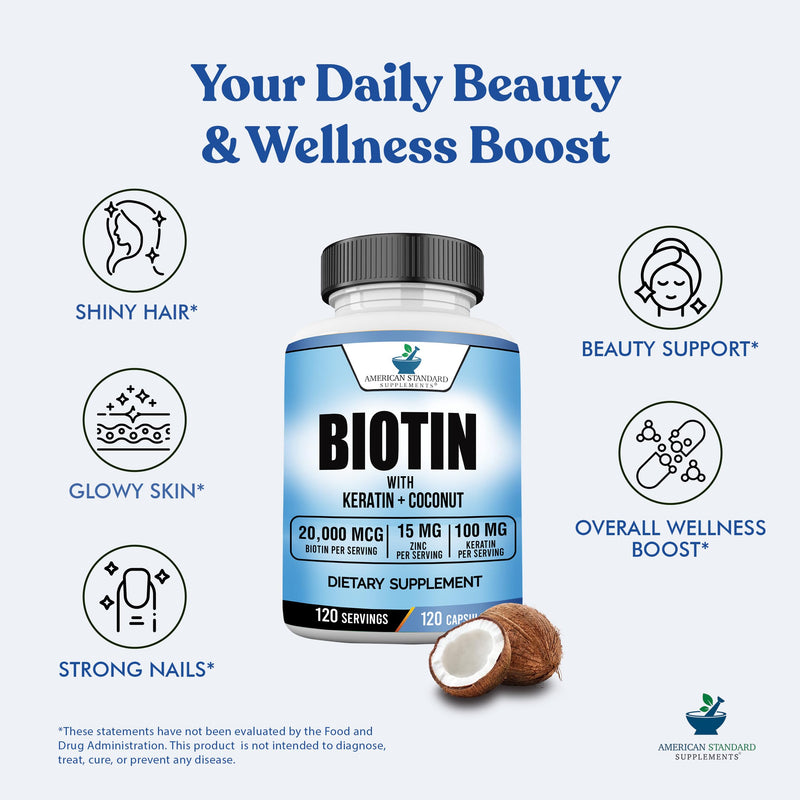 American Standard Supplements Biotin 20,000mcg with Keratin, Coconut Powder and Zinc, Biotin Supplement for Women and Men,120 Veggie Capsules, 120 Day Supply 120 Count (Pack of 1)