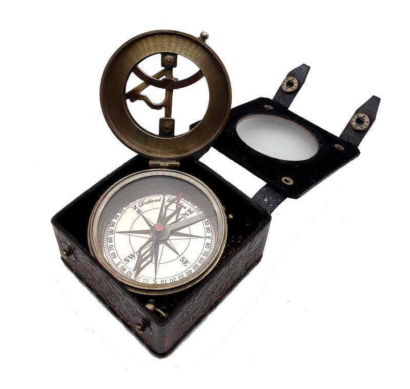 5MoonSun5's Antique Brass Sundial Compass Marine Boat Gift Pocket Sun Dial in Leather Display Box Nautical Marine Gift Sun Clock Pirate Ship Replica Watch Steampunk Accessory - BeesActive Australia