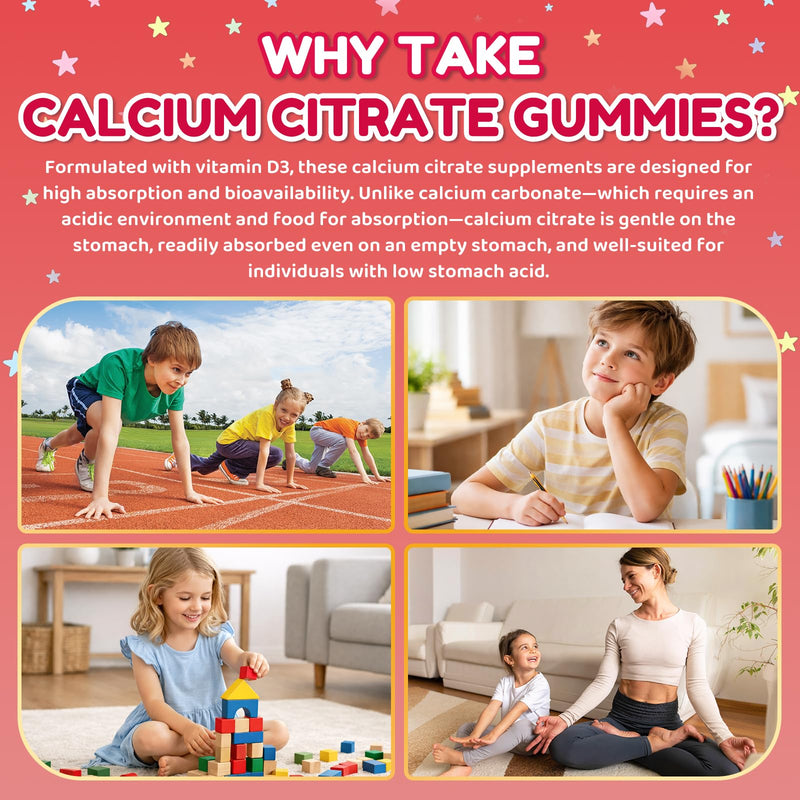 Kids Calcium Citrate Gummies - 1200mg Calcium Gummies Supplements for Women & Men with Vitamin D3, K2, Magnesium, Zinc High Absorption for Bone, Muscle & Immune Support, Strawberry Flavor, 120 Count Strawberry & Kids 60 Count (Pack of 2)
