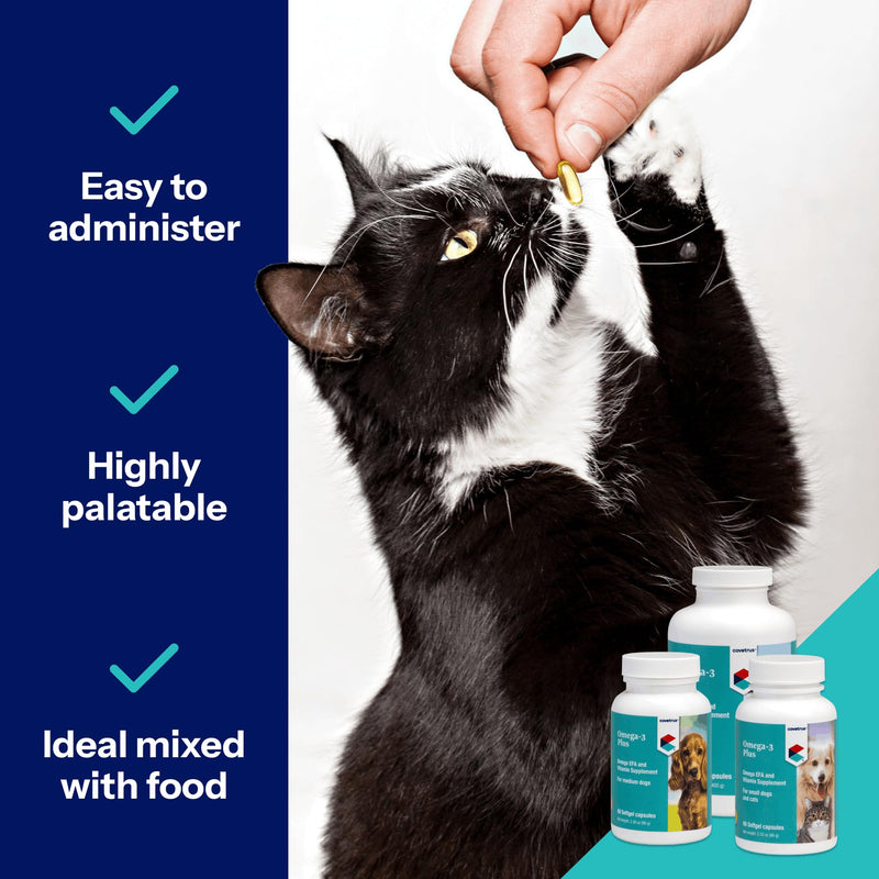 Omega-3 Soft Gels for Cats & Small Dogs – Essential Fatty Acids with Vitamins A, E & D3 – Skin, Coat & Joint Supplement – 60 Count Small/Medium - 60 Count