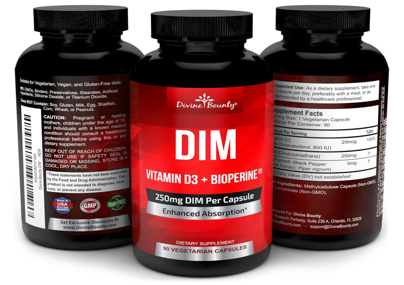 DIM Supplement 250mg with Vitamin D3 Plus BioPerine - 90 Vegetarian Caps | Diindolylmethane Menopause & Estrogen Support, Hormone Balance Support for Women and Men 1