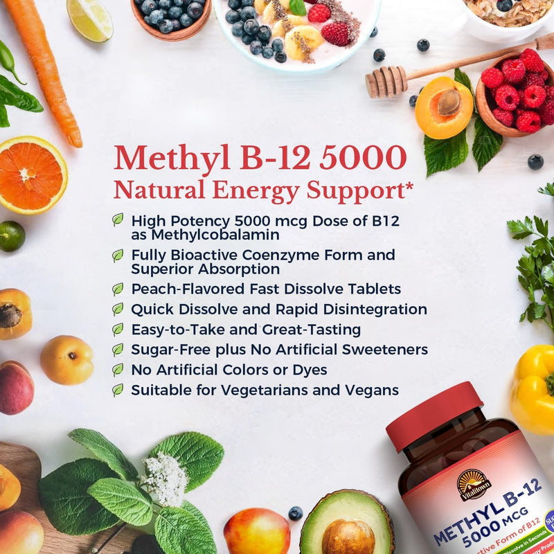 Vitalitown Vitamin B12 (Methyl B12) 5000 mcg, Fully Bioactive Form, Support Energy Production, Natural Peach Flavor, Zero Sugar, 240 Fast Dissolve Tablets 240 Count (Pack of 1)
