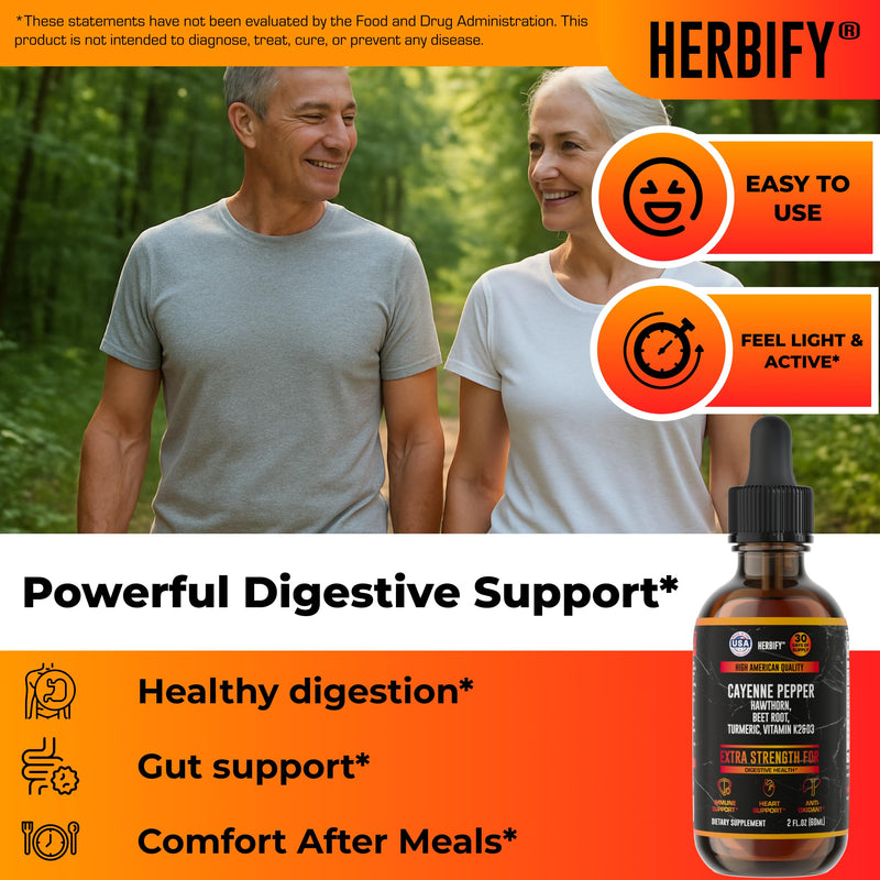 HERBIFY Cayenne Pepper Drops - Immune Support Supplement - Detox & Digestion Support - Cayenne Pepper Hawthorn Beet Root Turmeric Vitamin K2 D3 - Energy Supplements Extract - 2 Fl Oz - Made in USA