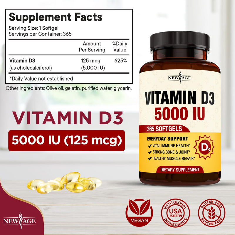 NEW AGE Vitamin D3 5000 IU 125mcg Softgels - Support Immune Support, Strong Bone Health - Non-GMO, Gluten-Free, Dairy-Free,1 Year Supply (360 Softgels (Pack of 1))