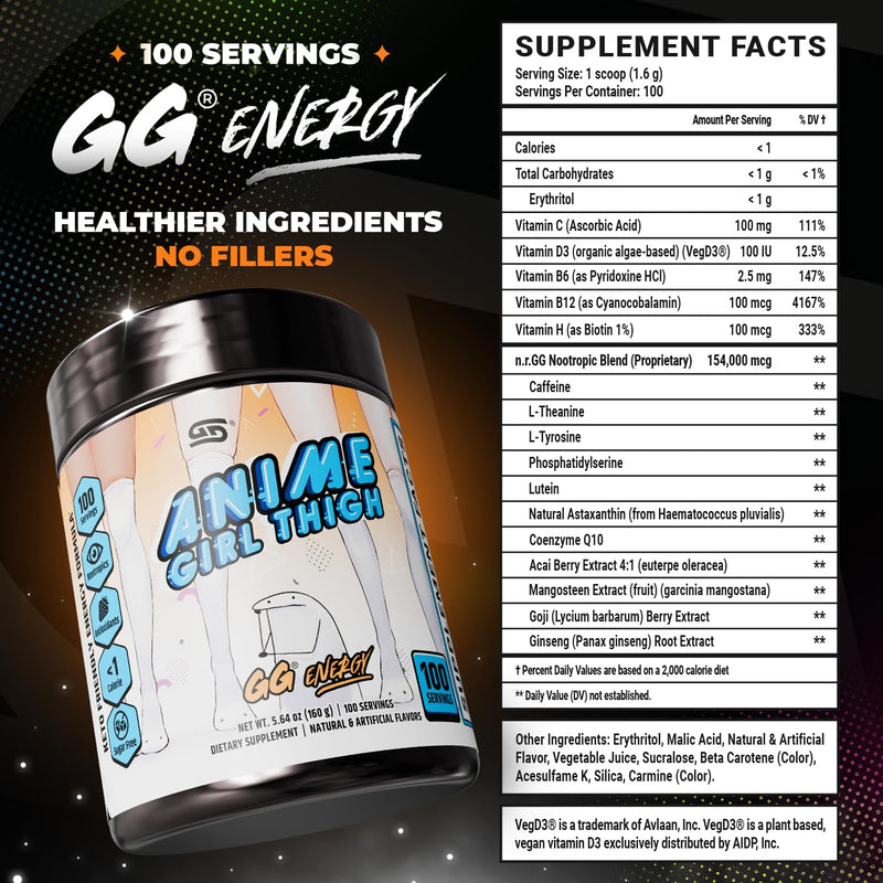 Gamer Supps GG® Energy - Anime Girl Thigh (100 Servings) - Keto Friendly Gaming Energy and Nootropic Blend, Sugar Free + Caffeine + Vitamins + Immune Support, Powder Drink