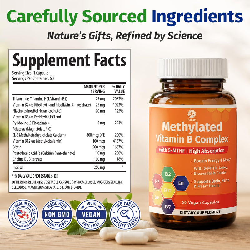 1 Body Methylated Vitamin B Complex, 5-MTHF & Methyl B12, 60 Capsules | 5-MTHF, Methyl B12 60 Count (Pack of 1)