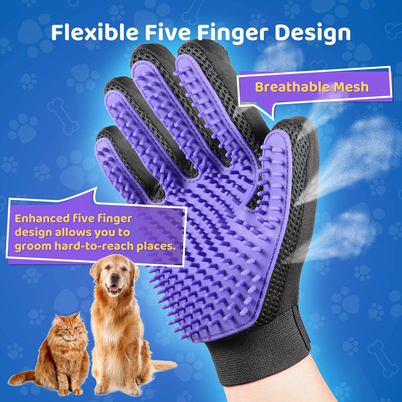 Pet Hair Remover Glove - Gentle Pet Grooming Glove Brush - Deshedding Glove - Massage Mitt with Enhanced Five Finger Design - Perfect for Dogs & Cats with Long & Short Fur - 1 Pack (Right-hand), Purpl