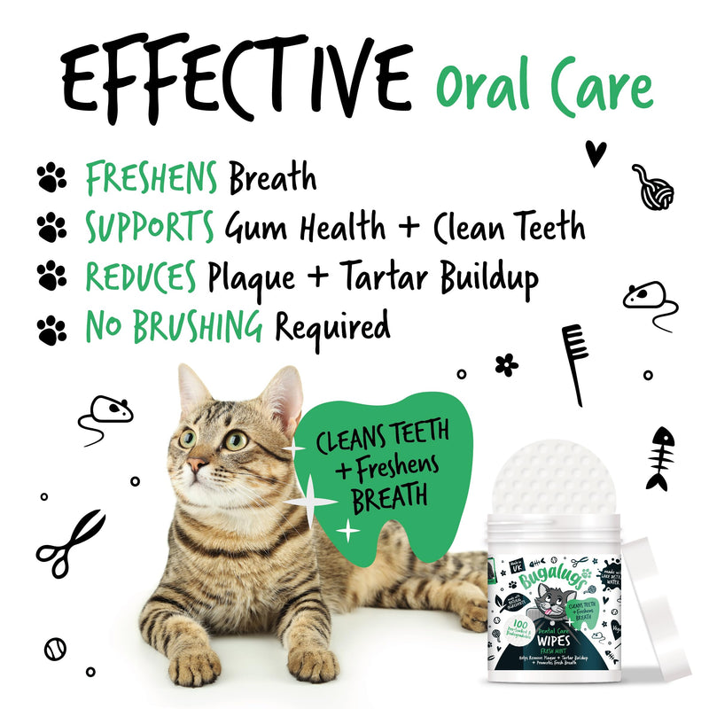 BUGALUGS Cat Breath Freshener Cat Teeth Wipes - Cat Plaque Remover Cat Wipes & tartar remover for teeth. Cat Teeth Cleaning Product No Cat Toothbrush And Paste Brushing Needed (Cat 100 Wipes)