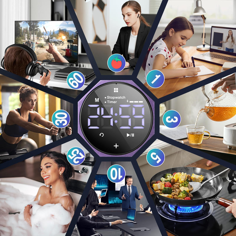 Digital Pomodoro Timer,Frosted Metal Productivity Cube Timer,1.8 in LED Digital Large Screen,Auto-Rotating Display,1/3/5/10/25/30/60min & Custom Time, Silent & Alarm,for Office, Study, Work(Purple) Purple