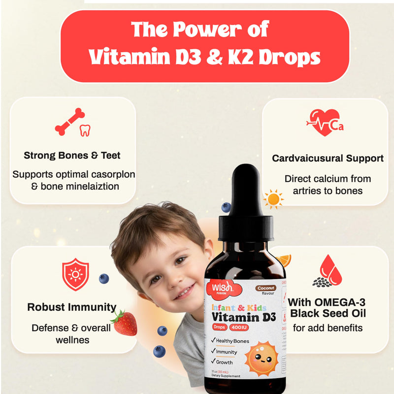 Kids Vitamin D Drops for Infants, Baby Vitamin D Drops for Bone Health, Immunity & Growth, Vitamin D3 Liquid Drops for Toddlers, Easy Absorption, 2 x 30ml Bottles