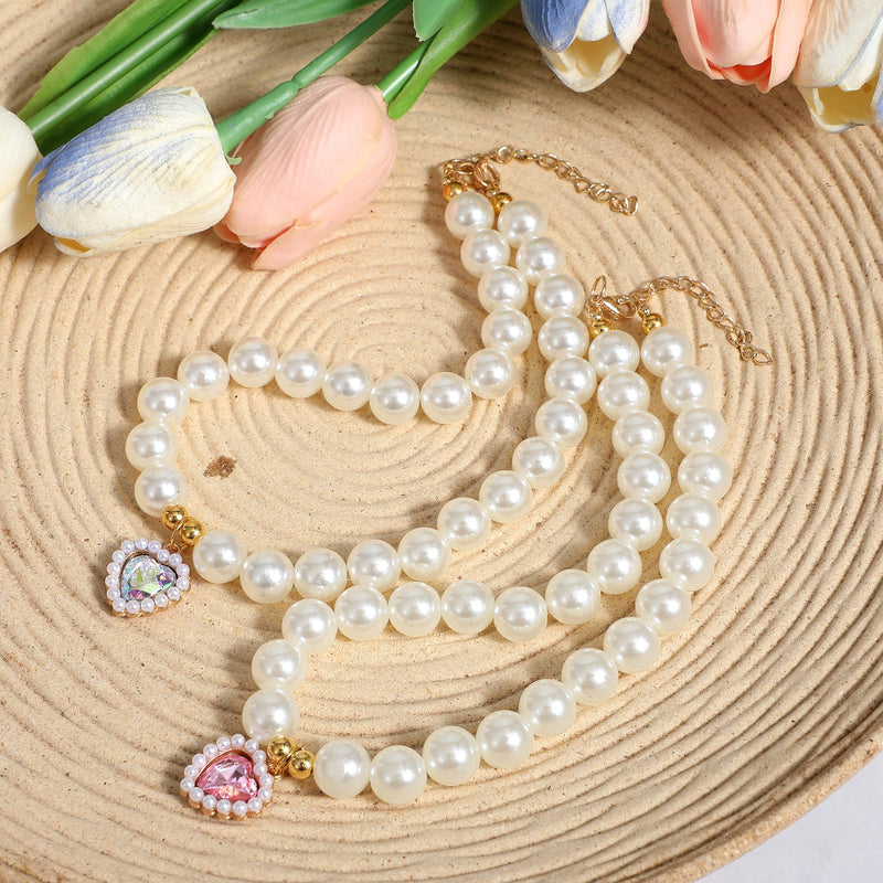 2 Pcs Cat Dog Pearl Collar, Heart Shaped Rhinestone Pet Necklace Dog Pearl Rhinestone Cat Collar, Beaded Dog Necklace Adjustable Pet Jewelry Accessories for Small Dogs Cats(White and Pink) - BeesActive Australia