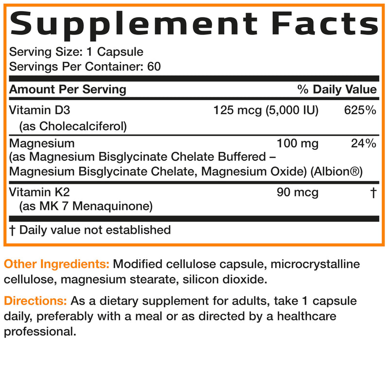 Bronson Vitamin K2+D3 Magnesium Glycinate Supplement, 60 Capsules | 3-in-1 Bone & Heart Health Support Formula, Non-GMO, Gluten Free, Soy Free 60 Count (Pack of 1)