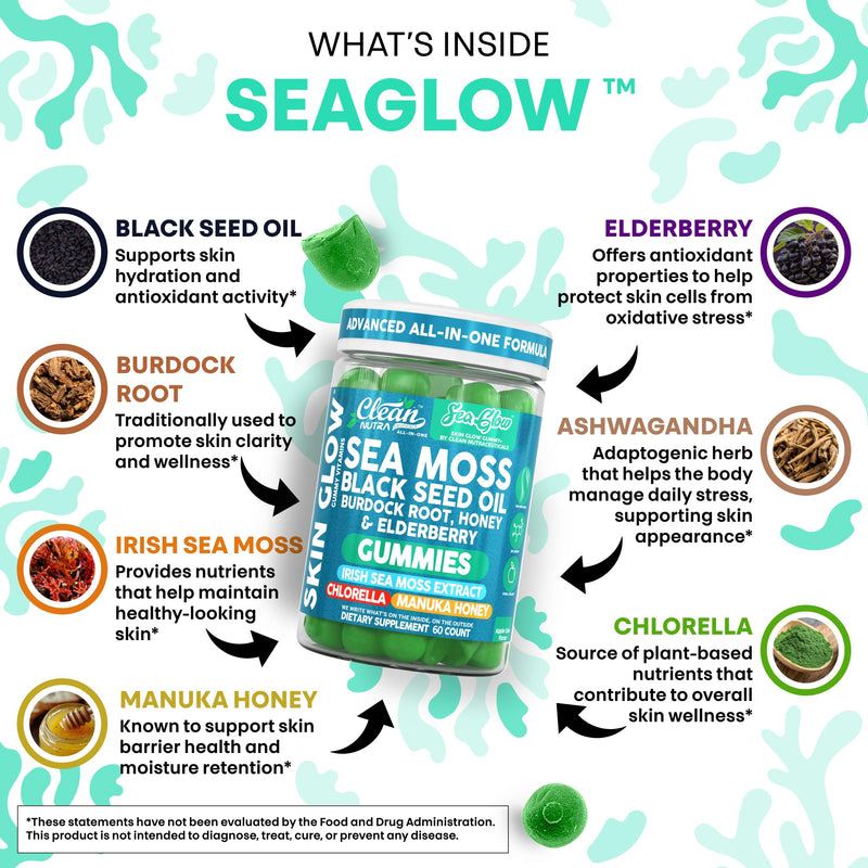 Clean Nutra Sea Moss Gummies Black Seed Oil Chlorella Ashwagandha Root Hair Growth Skin Glow Irish Sea Moss Elderberry Burdock Manuka Honey Trace Minerals Detox 60 Gummy Vitamins Sea Glow Supplement