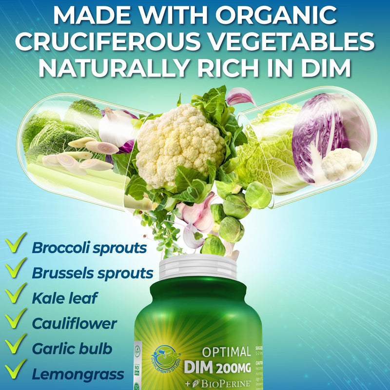 DIM Supplement Hormone Balance for Women & Men Made with Organic Vegetables | Diindolylmethane 200mg - Estrogen Balance Support, Maximum Absorption, Delayed-Release, Easy-to-Swallow Capsules, 60ct