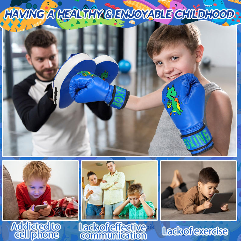 Boxing Gloves and Punching Mitts Set 4oz Gloves Boxing Pads Kids Youth Sparring Gear Training Equipment for Taekwondo Kick Karate Muay Thai MMA Martial Art Blue Dragon