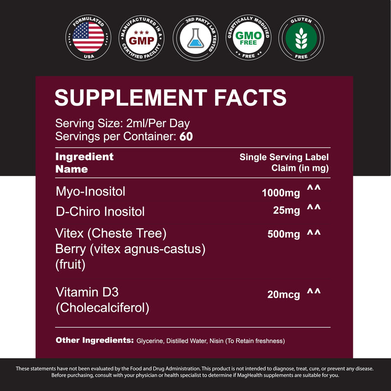Myo-Inositol & D-Chiro Inositol Liquid Drops for Women | 40:1 Ratio | Hormone Balance & Cycle Support | Vitex + Vitamin D3 | 4 Fl Oz (2-Month Supply) 4 Ounce (Pack of 1)