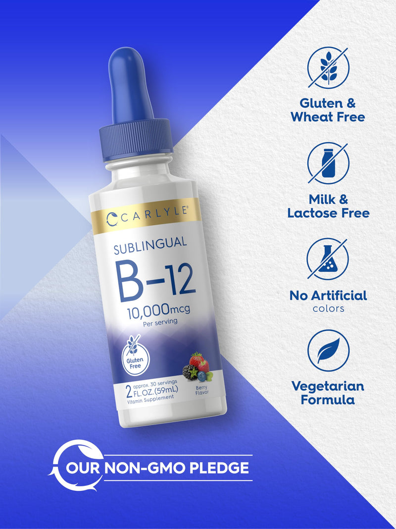 Carlyle Vitamin B12 Sublingual Liquid Drops | 10,000 mcg | 2 fl oz | As Cyanocobalamin and Methylcobalamin | Vegetarian, Non-GMO and Gluten Free 2 Fl Oz (Pack of 1)
