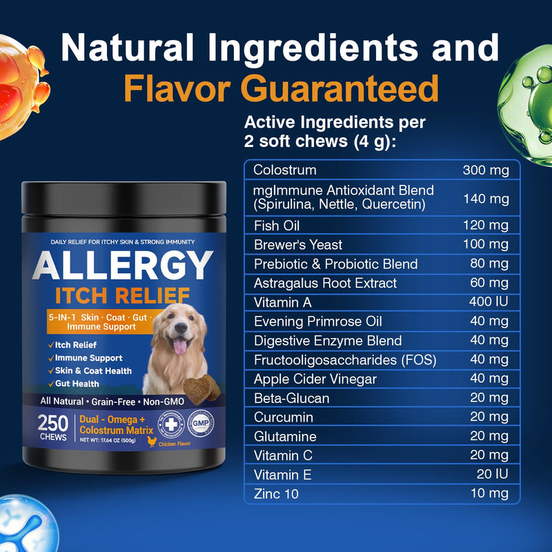 Dog Allergy Chews,is Omega 3 Human,Anti Itch Relief for Dogs Itching Skin Relief and Aller Immune Pet Multivitamin Allergy Chews Coat Licking Supplement Pills Meds Treats 250 Bites for Dogs 2 g/capsule 250pcs