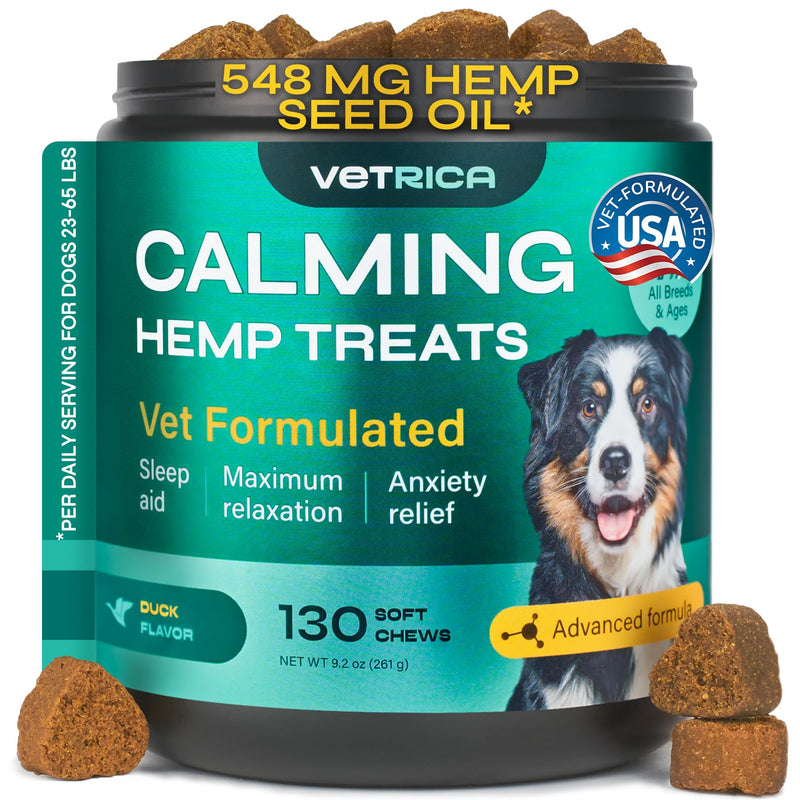 Dog Calming Chews with Hemp - 17,810 mg Hemp Oil per Pack - Soft Calming Chews for Dogs with Melatonin - Relaxation Support for Travel, Grooming, Separation, Thunder, Fireworks - 130 Duck Bites Duck Flavor Calming Chews - 130 count