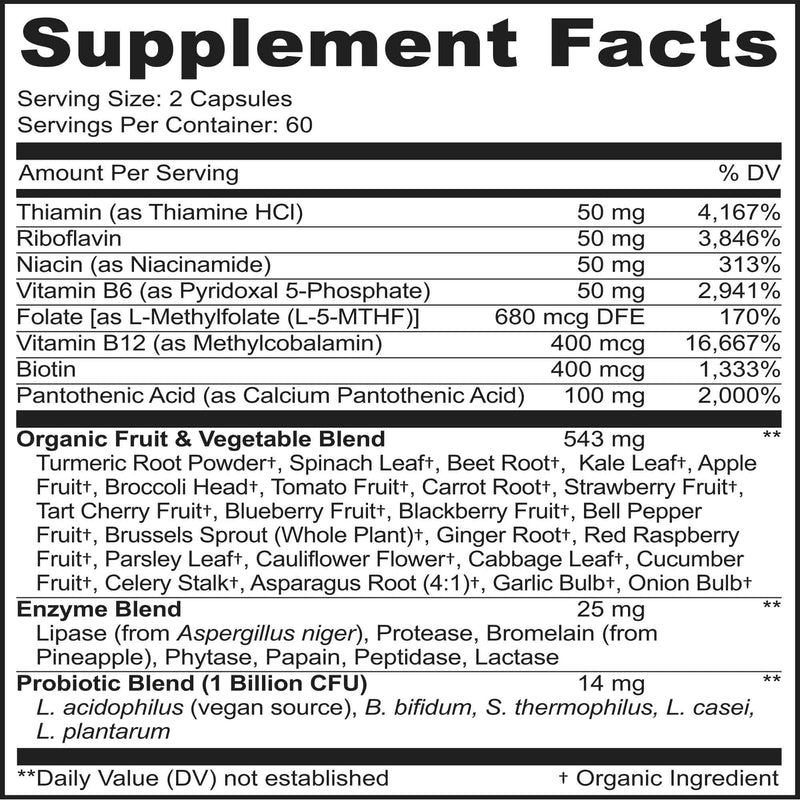 MoxyVites Vitamin B Complex - B Vitamins Whole Food Supplement, B12 Methylcobalamin, B1, B2, B3, B5, B6, B7, B9 - for Stress, Energy and Immune Support, Vegan, 120 Capsules 120 Count (Pack of 1)