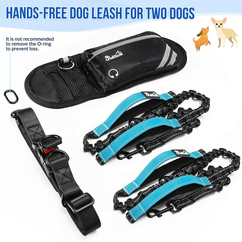AUTOWT Hands Free Dog Leash for 2 Dogs, Adjustable Waist Belt with Zipper Pouch, Dual Handle Retractable Elastic Bungee with Reflective Stitches for Medium and Large Dogs Training Running 2 Leashes