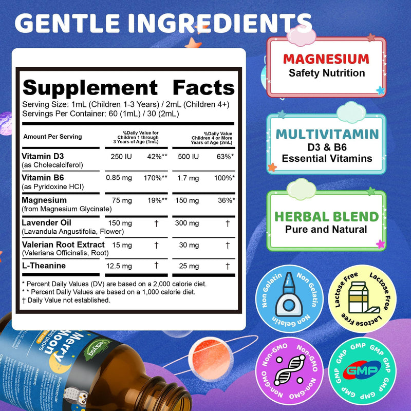 Kids Magnesium Liquid Drops with L-Theanine for Calm & Sleep, Sugar-Free | Vegan Supplement with Vitamin D3 & B6 for Focus, Relaxation & Healthy Sleep, Natural Cranberry Flavor