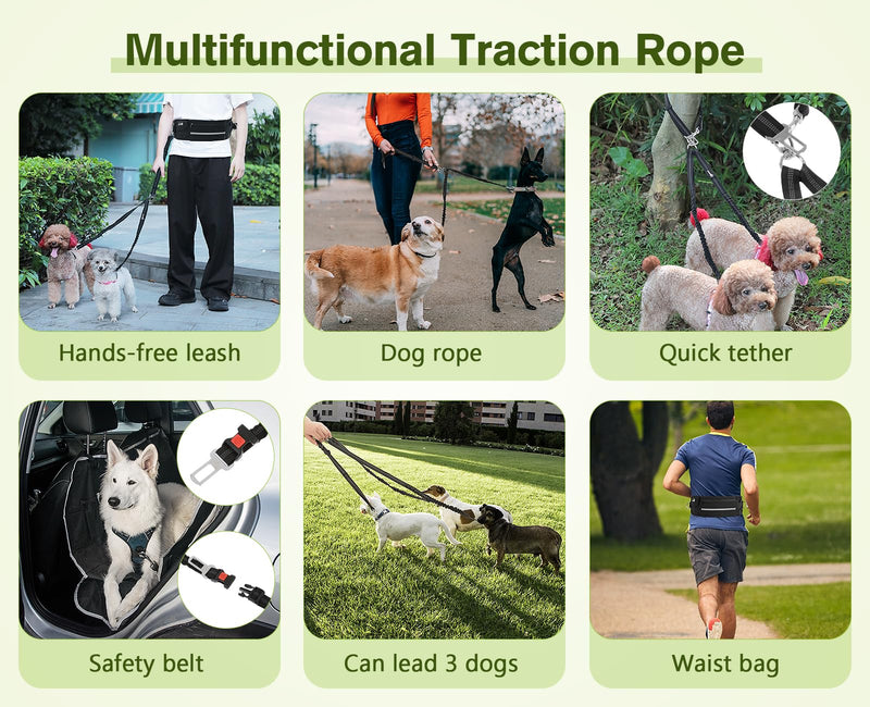 Pecute Hands Free Dog Leash 2 Dogs, Waist Belt Fanny Pack with Soft Padded, Dual Dog Leash with Pouch, 3 Padded Handles, Durable Bungee, Black Waist Dog Leash for Running Walking Hiking Jogging Biking Black-new - BeesActive Australia