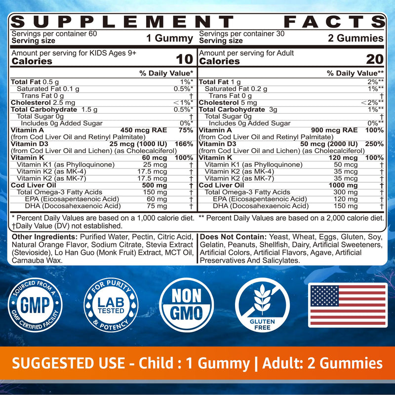 Cod Liver Oil Gummies with Omega-3, Vitamins A, D3 & K2 for Adults & Teens | Cod Liver Oil Omega 3 Fish Oil Gummies for Immune, Brain & Cognitive Support, Sugar Free, Orange Flavor, 120Cts 60 Count (Pack of 1)