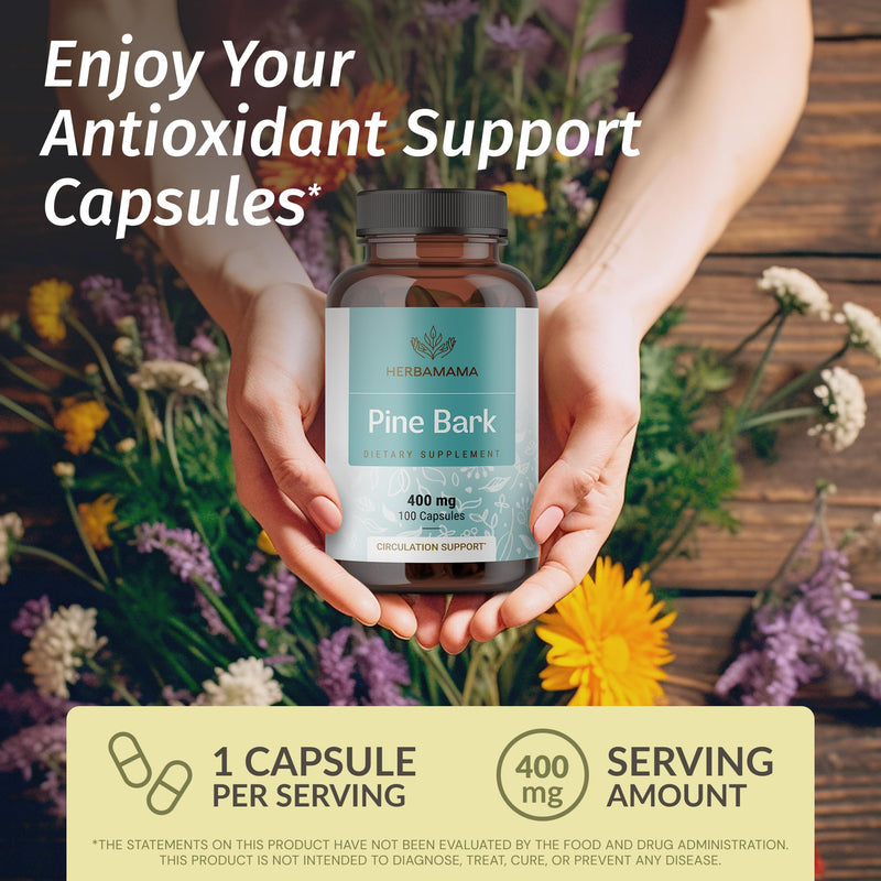 HERBAMAMA Pine Bark Extract Capsules - 400mg French Maritime Pine Bark Extract Powder for Antioxidant Support - Vegan, Non-GMO Pinus Pinaster Supplement - BeesActive Australia