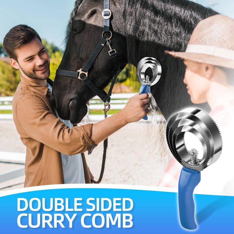 4 Rings Curry Comb Horse Brush - Reversible Stainless Steel Curry Comb Horse Brush Scraper With Handle - Double Sided Horse Shedding Tool for Dog Sheep Horse Grooming Supplies (Blue) Blue