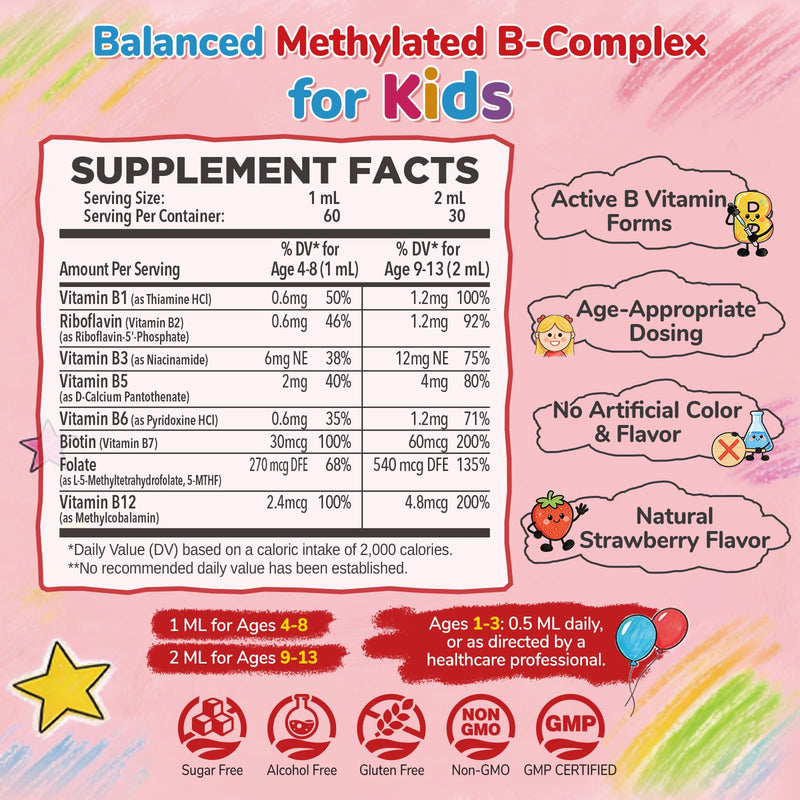 Methylated B Complex for Kids, Vitamin B Complex Liquid Drops | Plus with Methyl B12 & 5-MTHF, Sugar Free, Supports Energy & Nervous System, Vegan, Alcohol-Free, Strawberry Flavor, 2 Fl Oz
