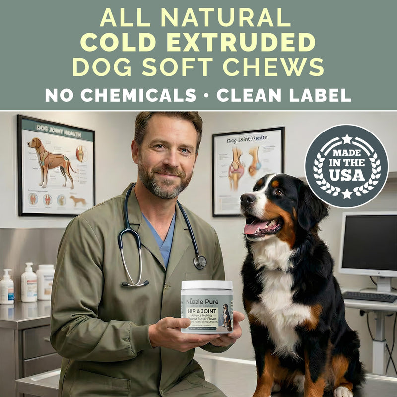 Nuzzle Pure Advanced Dog Hip and Joint Supplement with Glucosamine, Chondroitin, MSM, 80 Peanut Butter Flavor Soft Chews for Senior & All Ages, Human Grade, All Natural & Organic Ingredients.