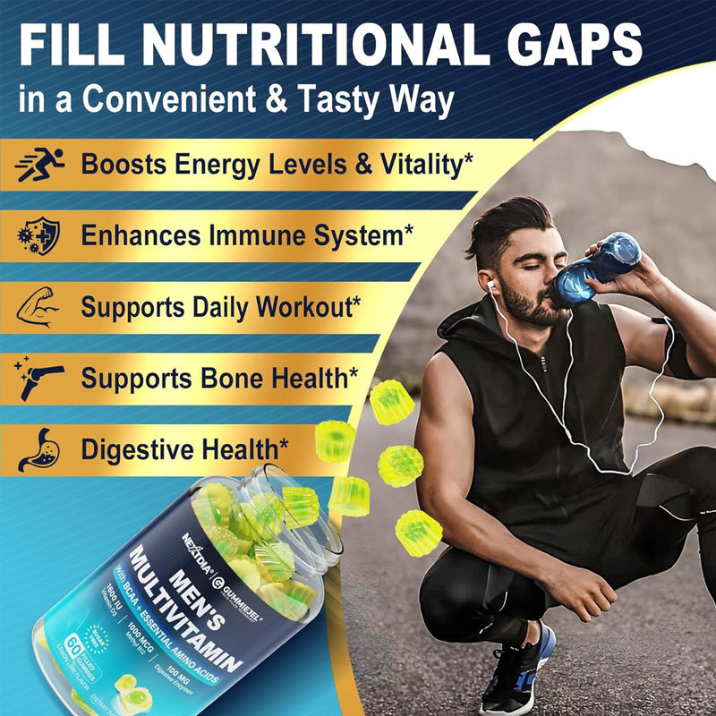 Methylated Multivitamin for Men Gummies with BCAA Amino Acids, Zinc, Biotin | Daily Vitamin A C D3 E K2 B Complex, Calcium, Lycopene, Digestive Enzymes - Energy, Immune, Muscle - Sugar Free Vegan, 120Cts 60 Count (Pack of 2)