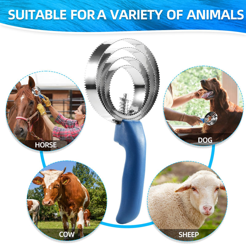 4 Rings Curry Comb Horse Brush - Reversible Stainless Steel Curry Comb Horse Brush Scraper With Handle - Double Sided Horse Shedding Tool for Dog Sheep Horse Grooming Supplies (Blue) Blue