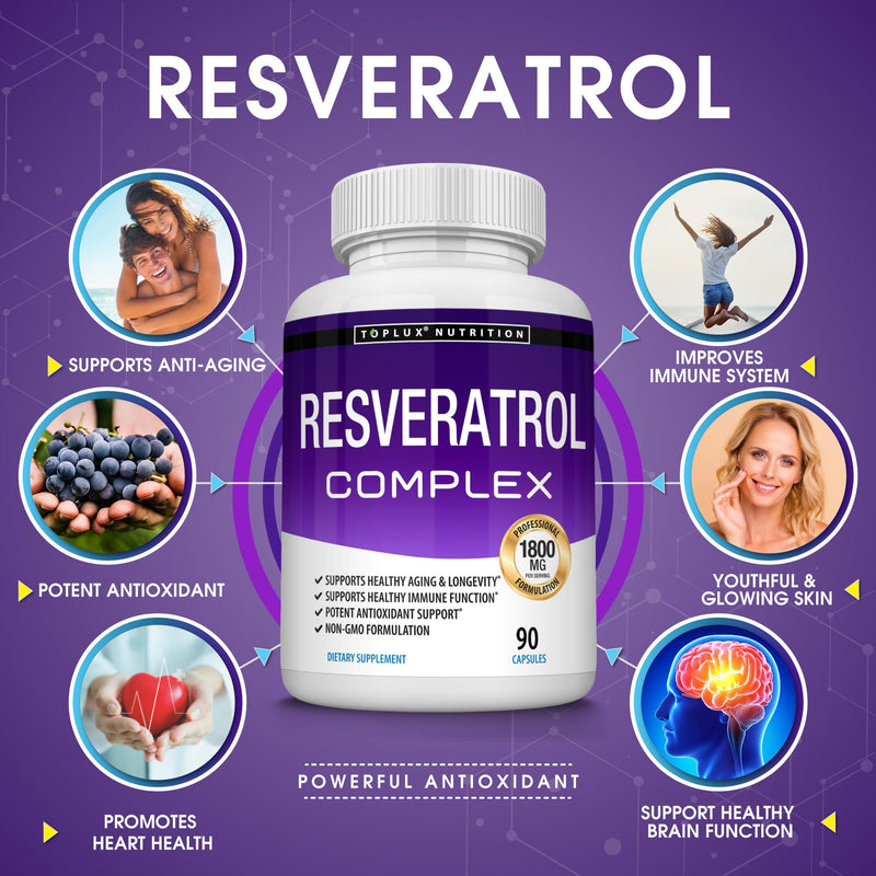Resveratrol Supplement 1800 mg Antioxidant Complex - Highly Potent Natural Trans-Resveratrol Pills for Healthy Aging, Overall Health Support, Immune System, Brain Function, for Men Women, 90 Capsules 90 Count (Pack of 1)
