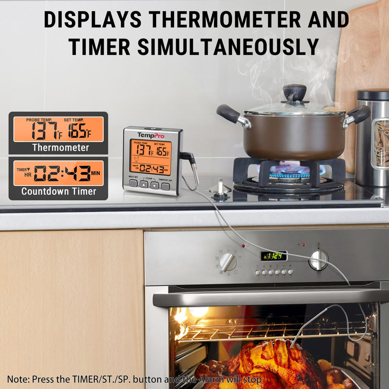 TempPro Digital Meat Thermometer for Cooking and Grilling, BBQ Food Thermometer with Backlight and Kitchen Timer, Grill Temperature Probe Thermometer for Smoker, Oven, Baking,Oil(Previously ThermoPro) Light Silver - BeesActive Australia