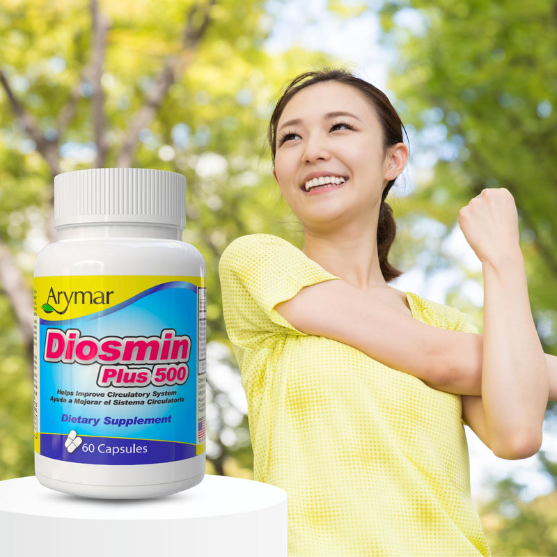Arymar Diosmin 500mg with Vitamin B-Complex: Circulatory Formula for Leg Vein Integrity and Normal Blood Flow, Vascular Health and Microcirculation, 60 Capsules