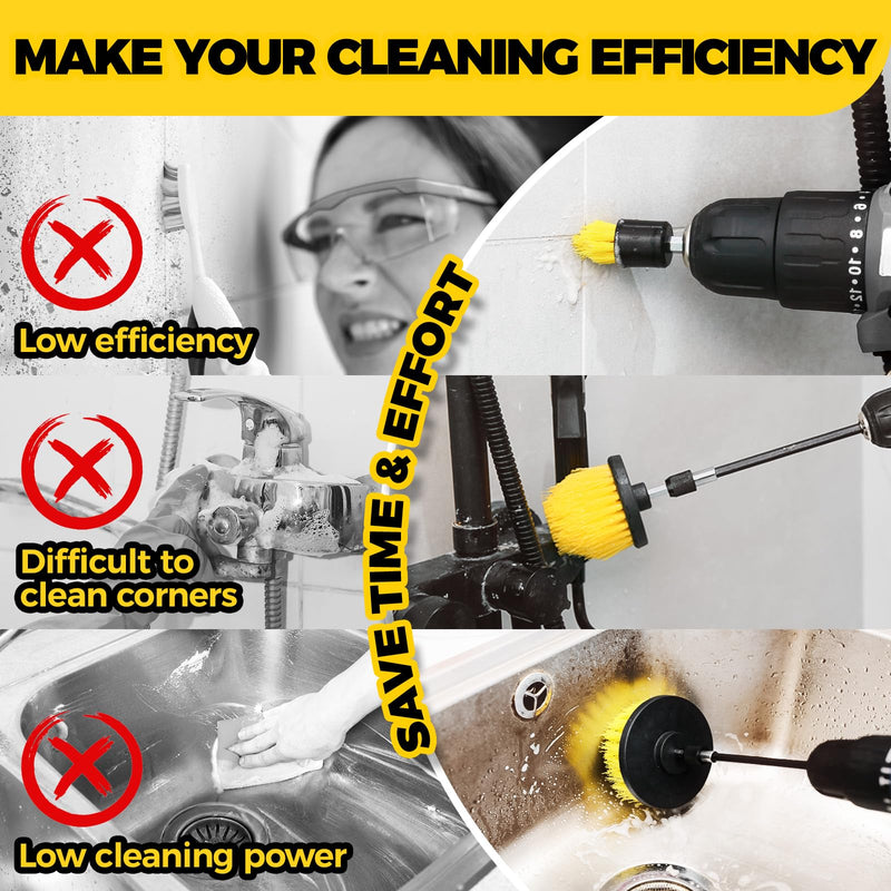 Holikme 8 Piece Drill Brush Attachments Set, Power Scrubber with Extend Long Attachment，Cleaning Supplies for Bathtub, Shower, Grout, Tile(Yellow) Yellow - BeesActive Australia