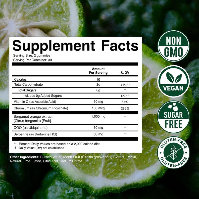 Citrus Bergamot 1000MG Gummies for Women and Men, Citrus Bergamot Extract with Berberine, CoQ10, Chromium & Vitamin C, Metabolic & Antioxidant Support, Sugar Free, Vegan, Lime Flavor, 60 Gummies 60 Count (Pack of 1)