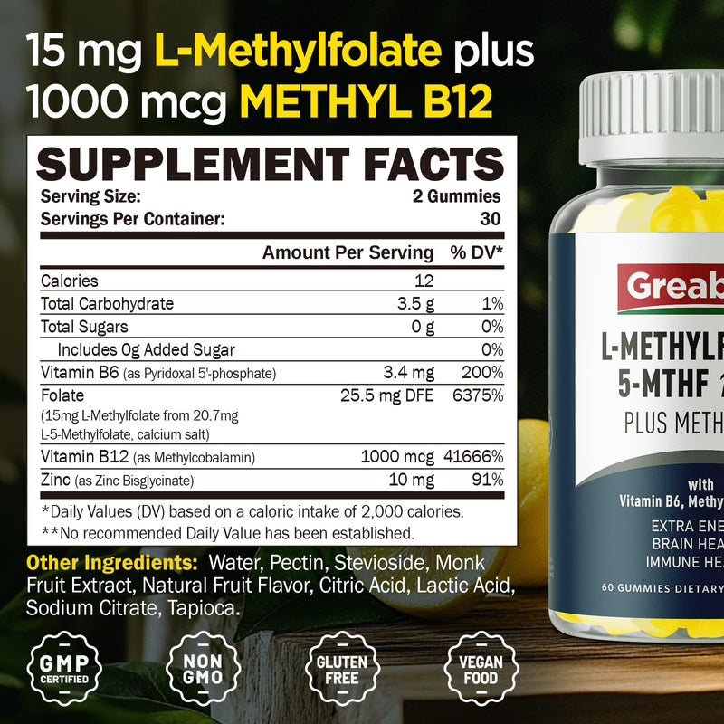L Methylfolate Gummies, 5MTHF 15 mg with Methyl B12 1000mcg, Methyl Folate Gummies Supplement, Active Form, MTHFR-Friendly, Brain Health & Immune Support, Sugar Free, 60 Gummies