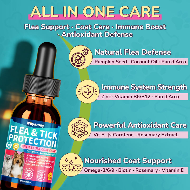 Woyamay Flea Defense + Skin & Coat Support, Natural Flea and Tick Prevention for Dogs & Cats, Dog & Cat Flea Treatment with Pumpkin Seed & Omega-3/6/9, Flea Drops for All Breeds & Ages, Chicken Flavor