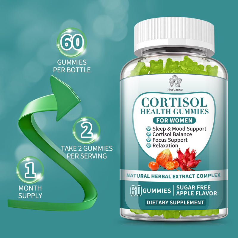 Cortisol Supplements Gummies for Women, Cortisol Reducer w.Ashwagandha Rhodiola Rosea Magnesium L-Theanine Phosphatidylserine Black Peper, Hormone Balanced & Lower Cortisol - 30 Day Vegan Supply 60 Count (Pack of 1)