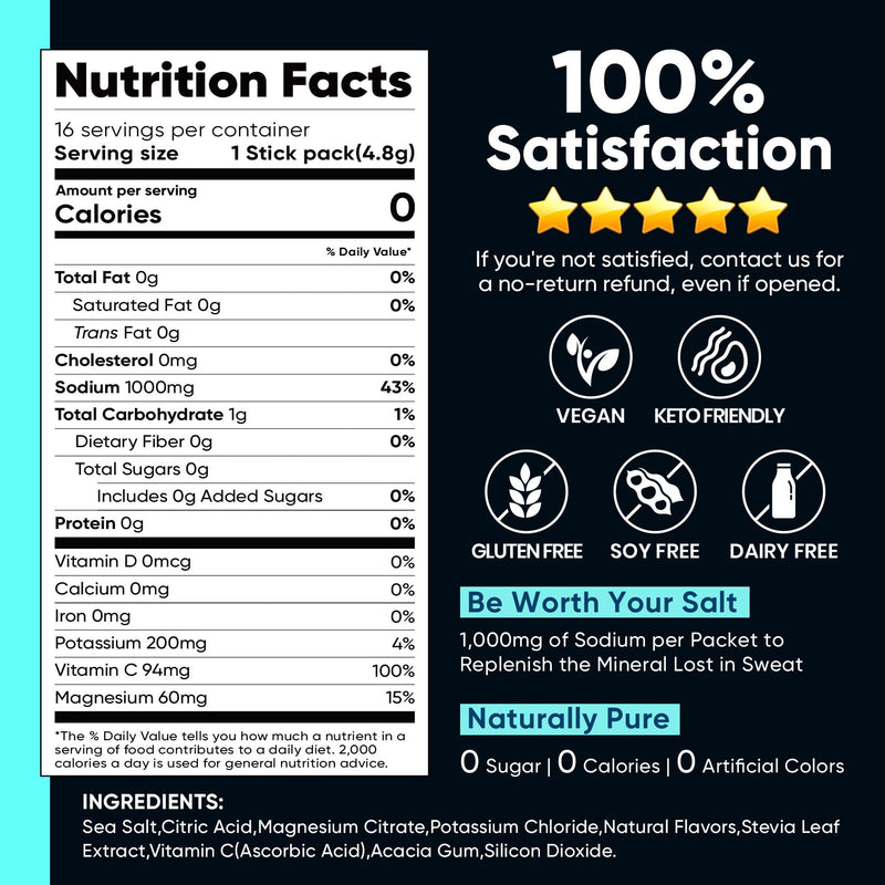 Venture Pal High Sodium Sugar Free Electrolytes Powder Packets, 16 Count | Hydration Packets with Sodium, Magnesium & Potassium, Vitamins, Zero Calories, Vegan, Keto & Paleo Friendly 0.17 Ounce (Pack of 16) V1-Variety Salt