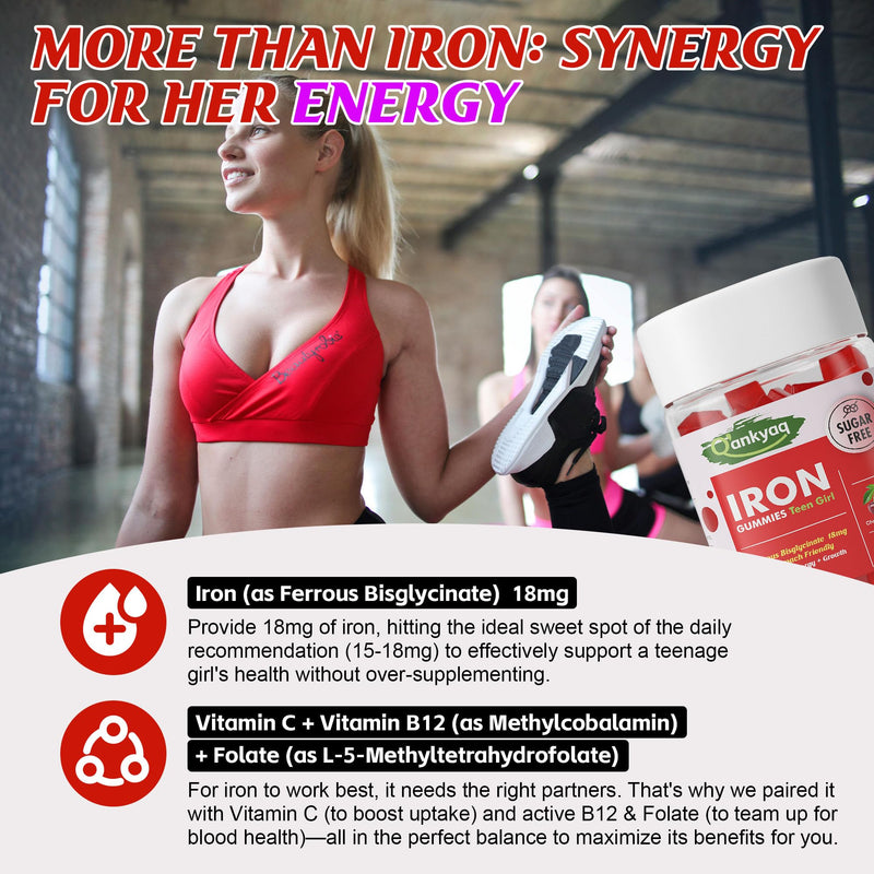Iron Gummies Supplement for Teen Girls Women, Ferrous Bisglycinate, 60 Cts | Chewable Ferrous Bisglycinate Chelate with Vitamin C, Energy & Anemia Support, Gentle, Non-Constipating, Sugar Free