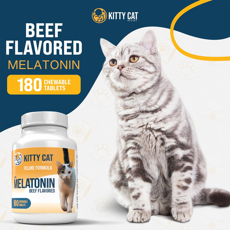 Kitty Select Cat Calming Treats, 180 Cat Melatonin Chews for Sleep, 1mg Beef Flavored