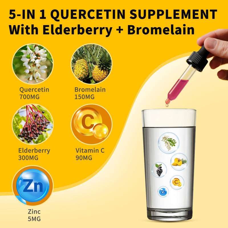 (2 Pack) Liposomal Quercetin with Bromelain Liquid Drops for Kis & Aldult- Higher Absorption, Quercetin Supplements 700mg w. Bromelain Elderberry Zinc Vitamin C for Immune, Heart, Antioxidant Support 2 Fl Oz (Pack of 2)