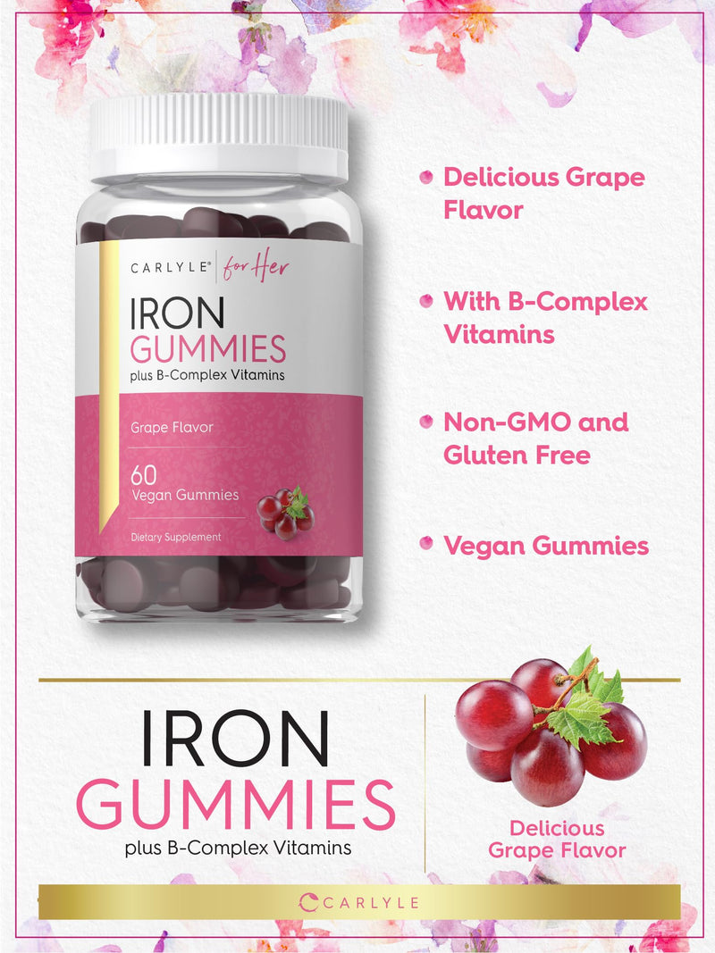 Carlyle Iron Gummies for Women with B-Complex Vitamins | 60 Count | Grape Flavor | Vegan, Non-GMO & Gluten Free Dietary Supplement